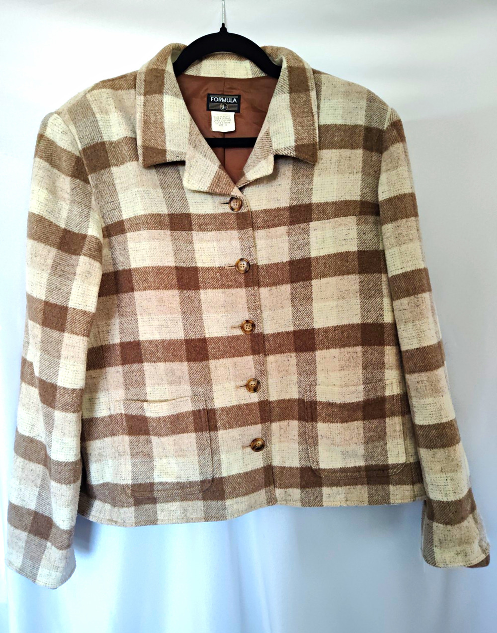 Formula Beige Brown Plaid Lined Button Front Jacket Pockets Long Sleeve 14